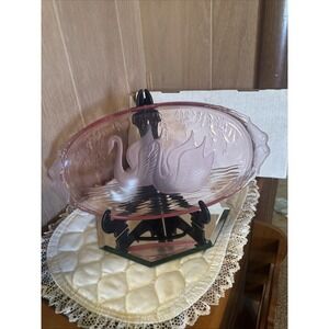 vintage L.E. Smith Tiara Glass Etched Frosted Pink Swan Serenade Large Tray